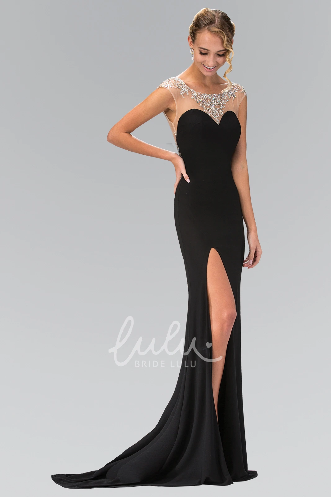Maxi Cap-Sleeve Scoop-Neck Sheath Jersey Prom Dress with Split Front and Beading
