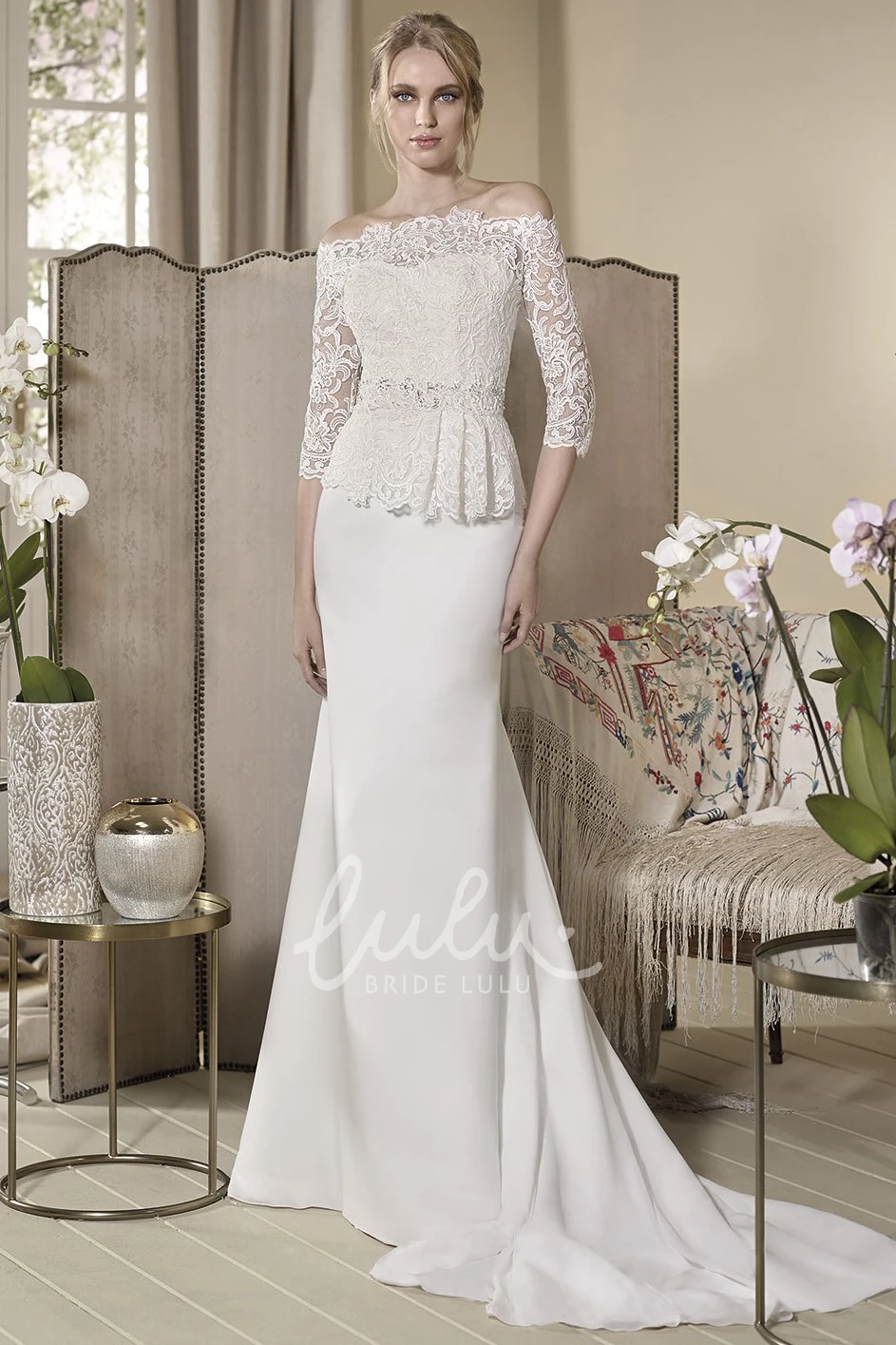 Off-The-Shoulder Peplum Wedding Dress with Half-Sleeves and Lace