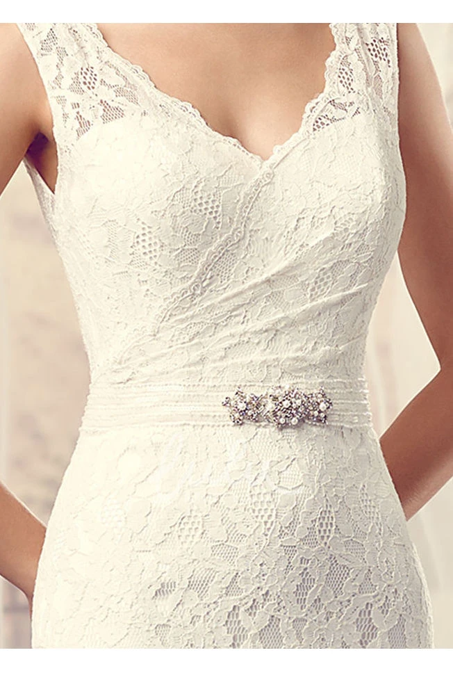 V-Neck Jeweled Lace Wedding Dress with Brush Train Floor-Length Style
