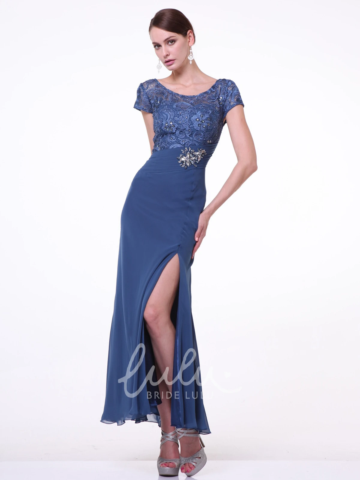 Lace Scoop-Neck Ankle-Length Bridesmaid Dress with Beading