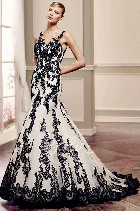 Bateau Neckline Lace Wedding Dress with Illusion Back and Court Train Mermaid Bridal Gown