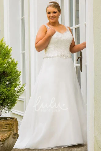 A-Line Wedding Dress with Lace Top Crystal Sash Lace-Up Back and Keyhole