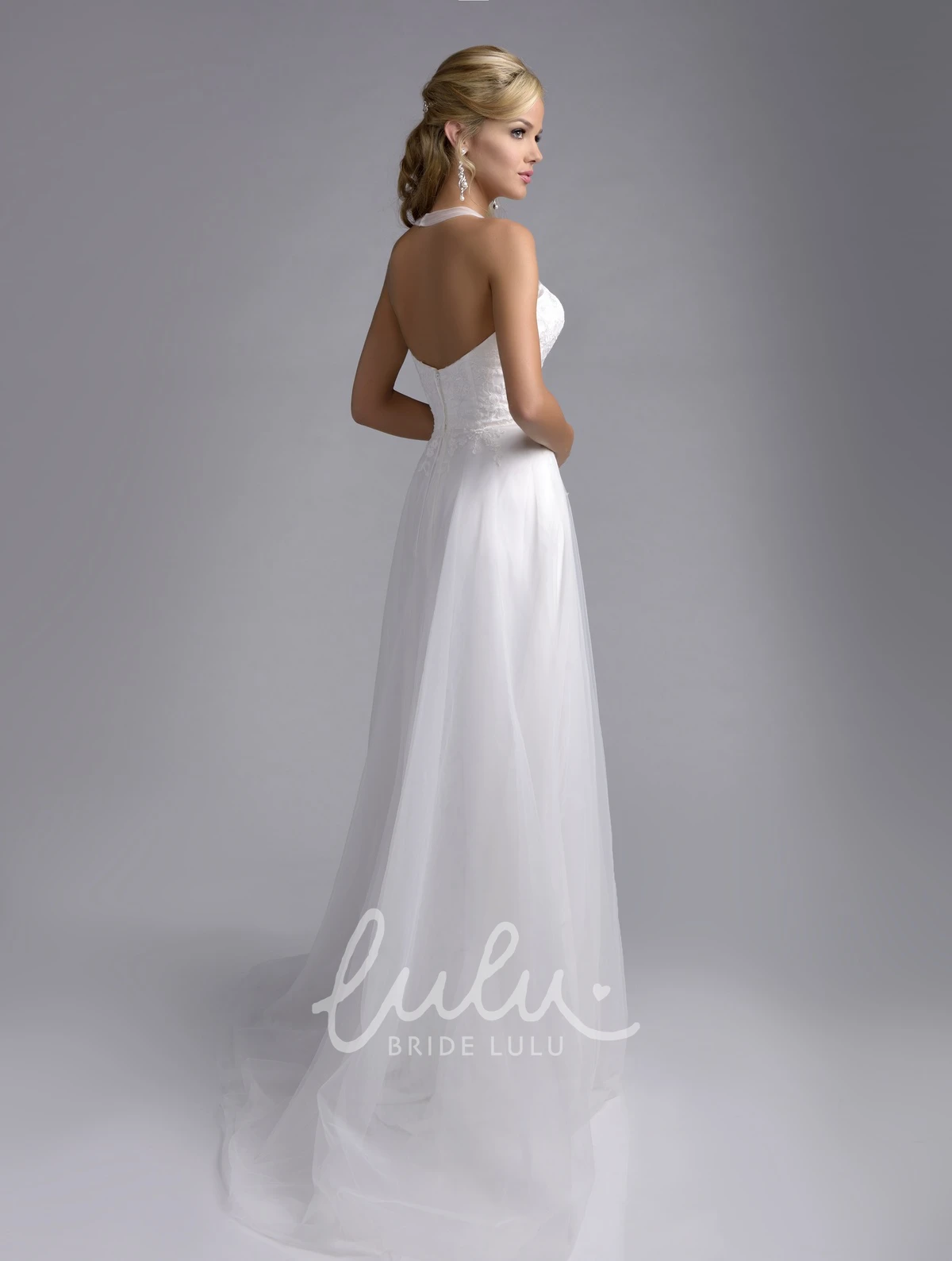 A-Line Tulle Bridal Wedding Dress with Halter Neck and Lace Appliques Classic and Timeless