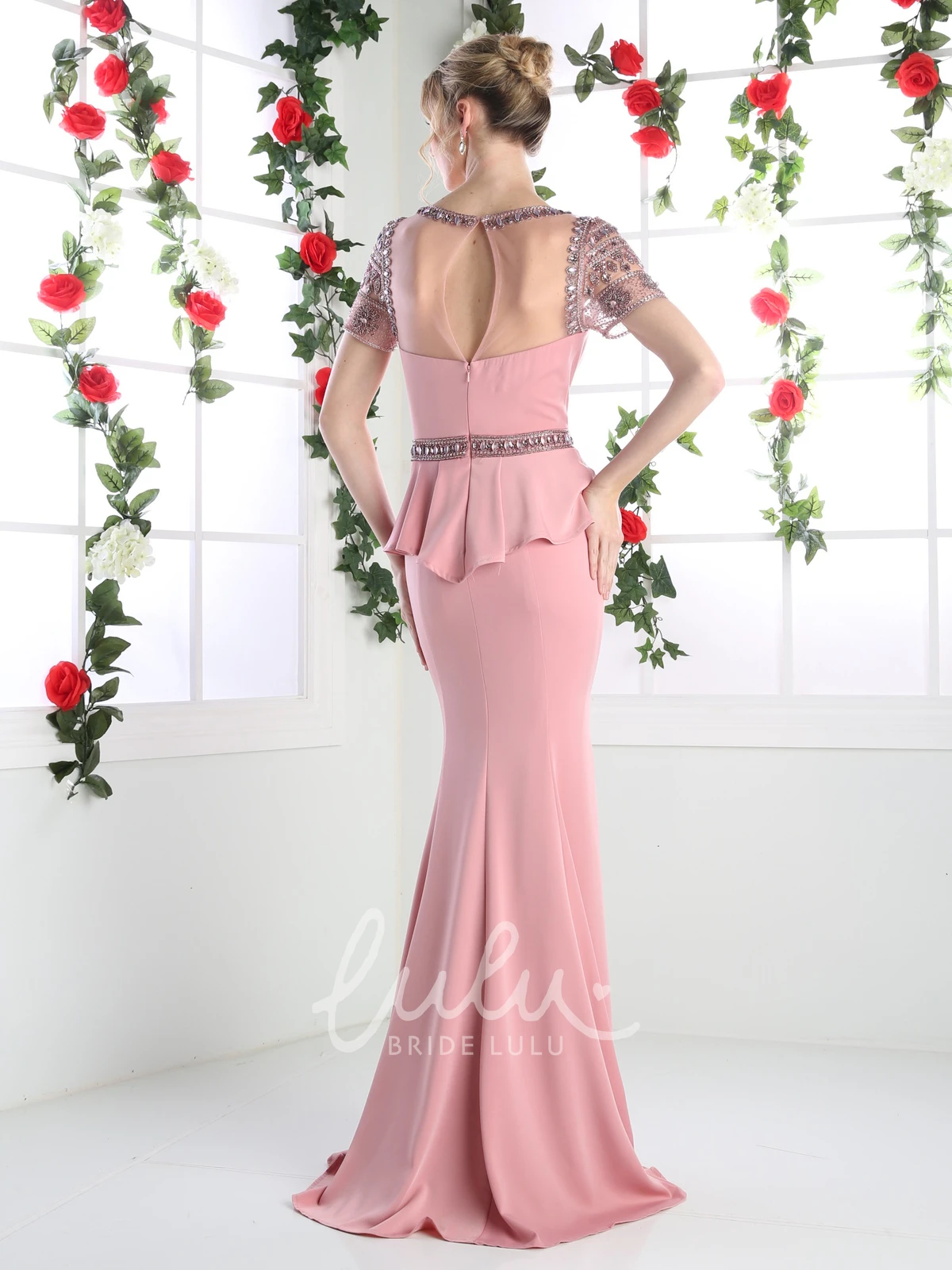 Jersey Illusion Peplum Formal Dress with Beading Sheath Long Scoop-Neck Short Sleeve