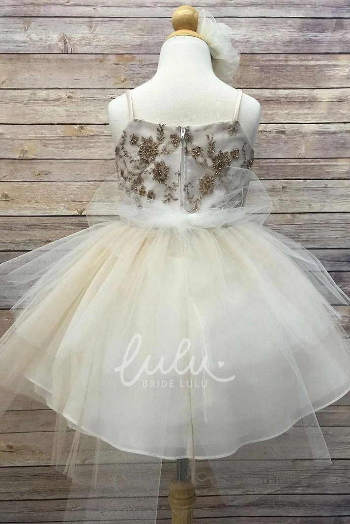 Spaghetti Midi Flower Girl Dress Beaded Tulle & Sequins Tiered Flowy