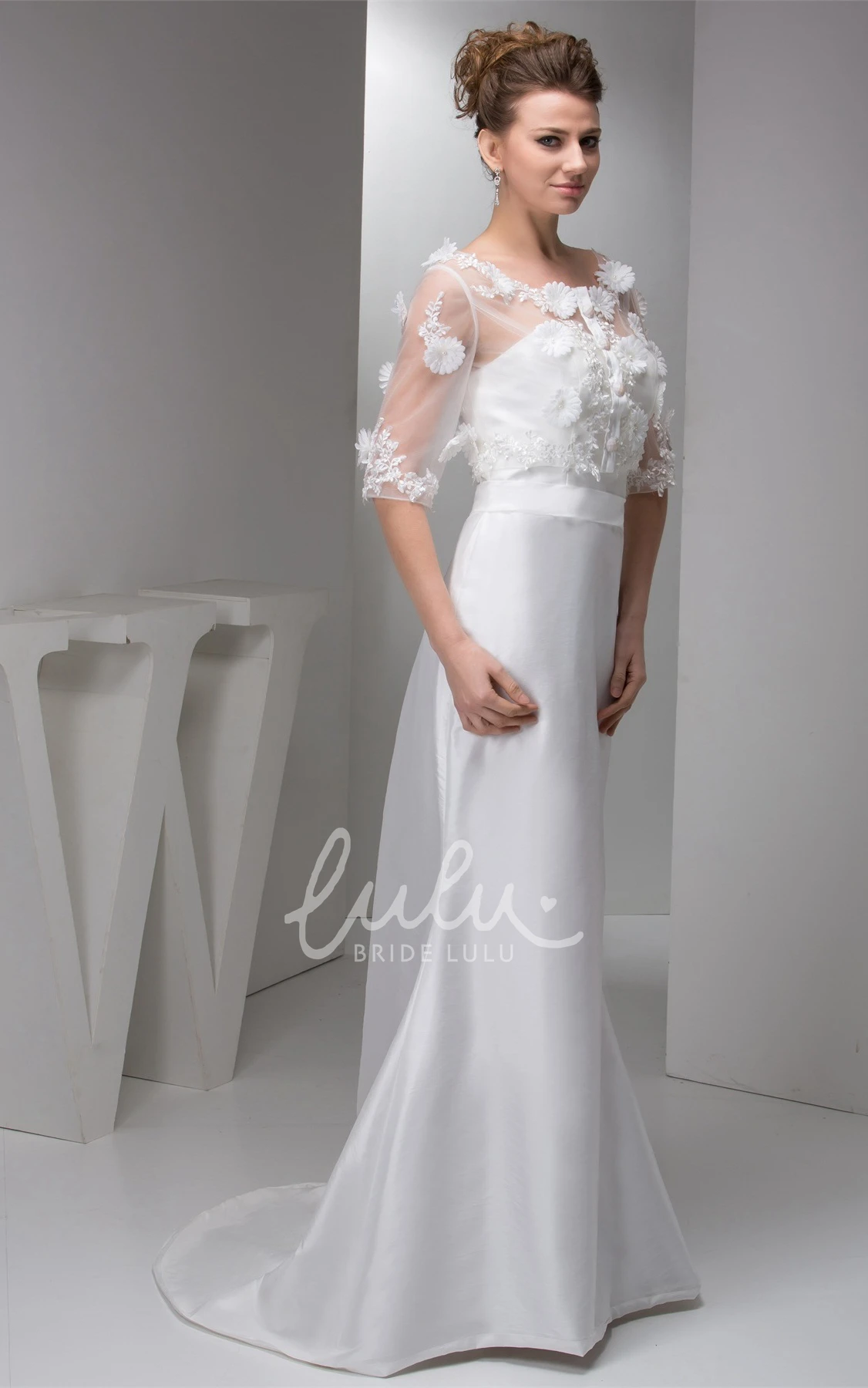 Floral Half-Sleeve Satin Mermaid Dress with Illusion Top