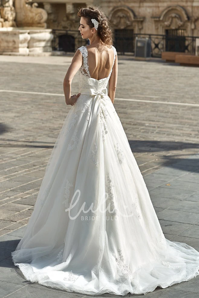 Sleeveless Tulle&Lace A-Line Wedding Dress with Bow Unique Bridal Gown