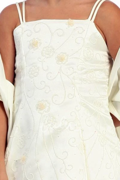 Floral Ankle-Length Beaded Flower Girl Dress with Straps Unique Wedding Dress