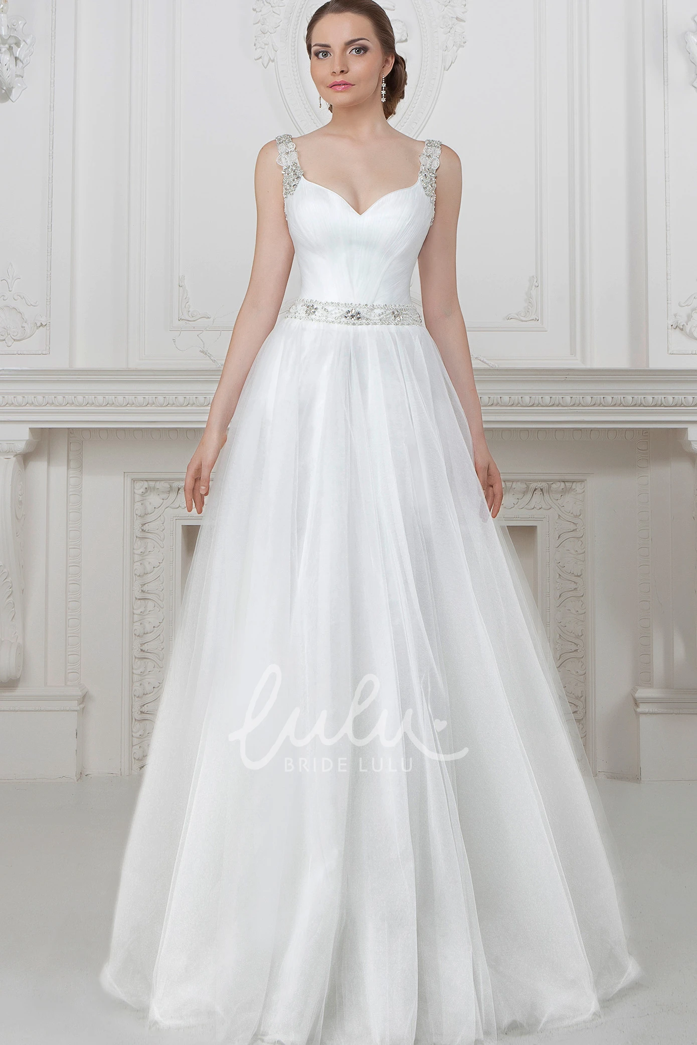 Beaded Tulle Wedding Dress with A-Line Silhouette and Floor-Length Hem Classic Wedding Dress