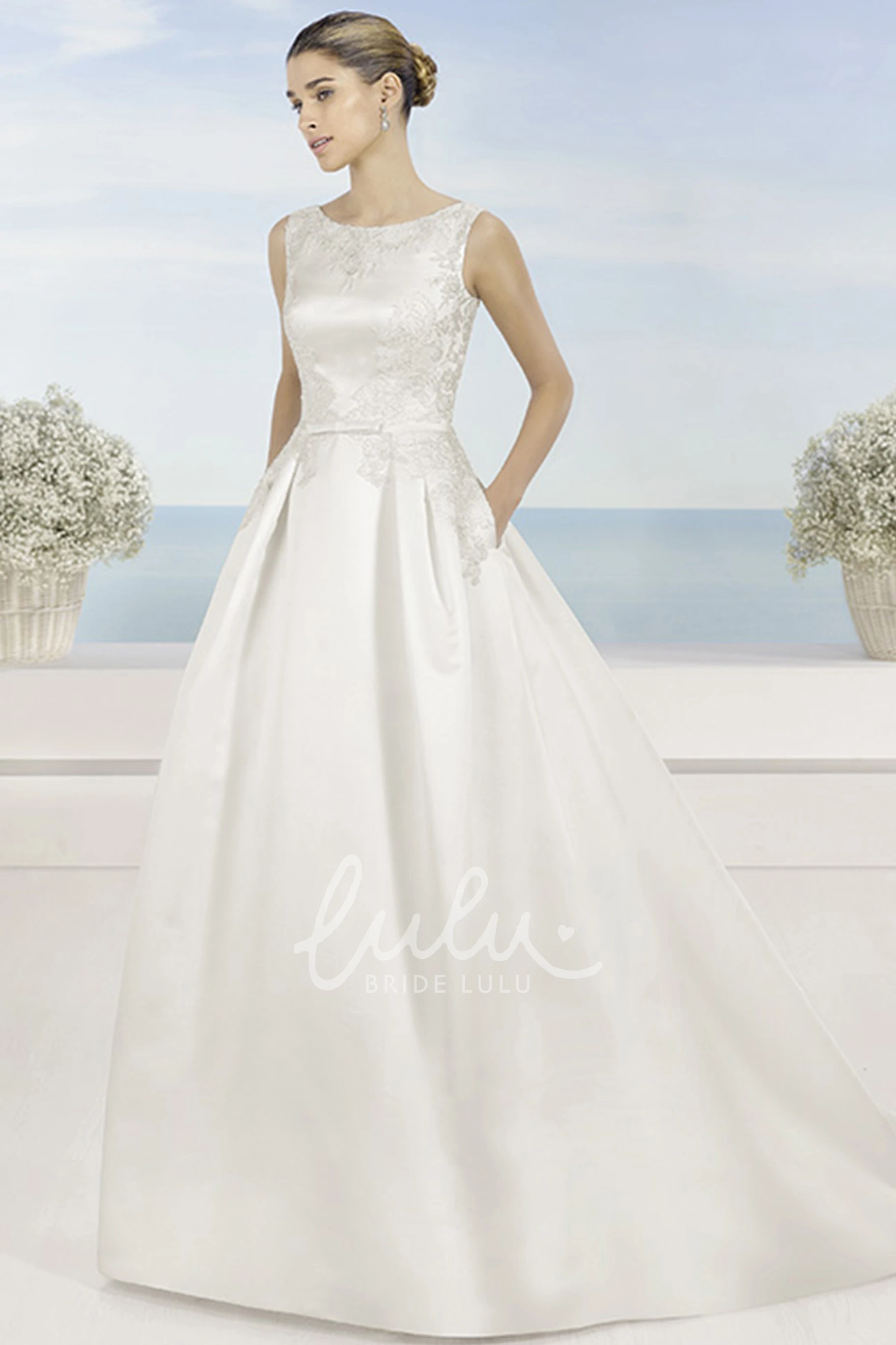 Appliqued Satin Wedding Dress with V Back and Sweep Train in A-Line Style