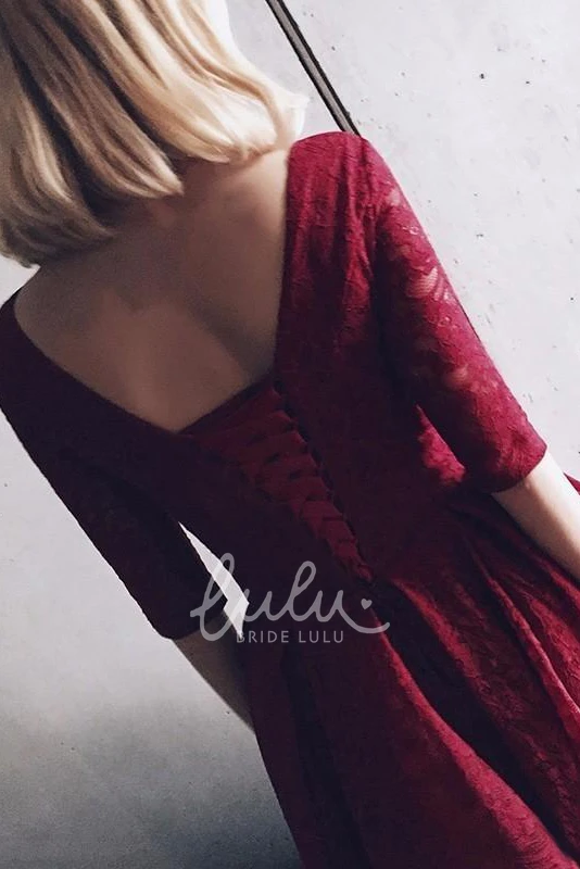 Lace V-neck Illusion Half-sleeve Cocktail Dress Adorable Mid-length