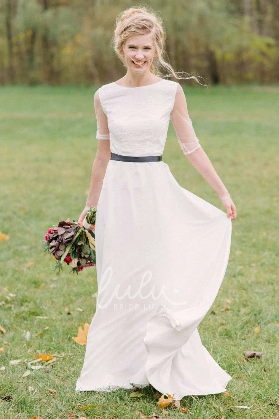 Chiffon Lace Long Sleeve Wedding Dress Classic Bridal Gown