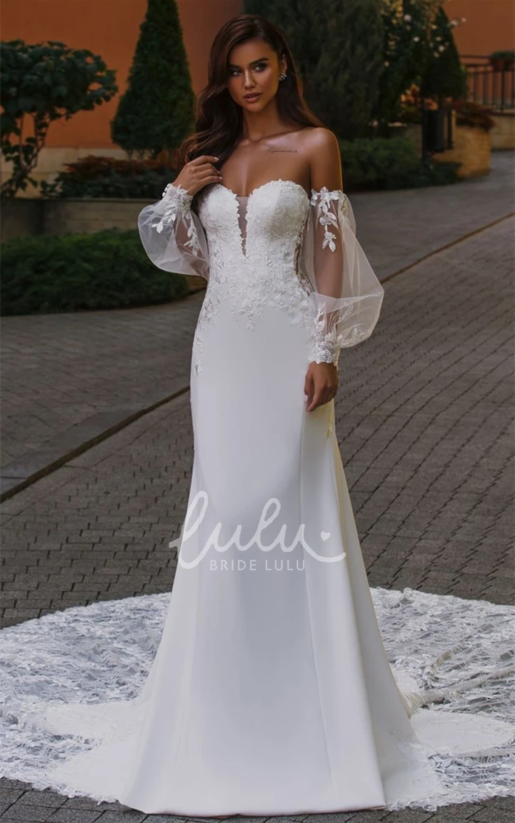 Mermaid Chiffon Tulle Wedding Dress with Appliques Sexy Plunging Neck