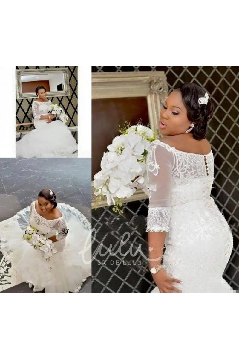 Off-the-shoulder Lace Mermaid Wedding Dress with Trumpet Skirt and Button and Lace-up Corset Back