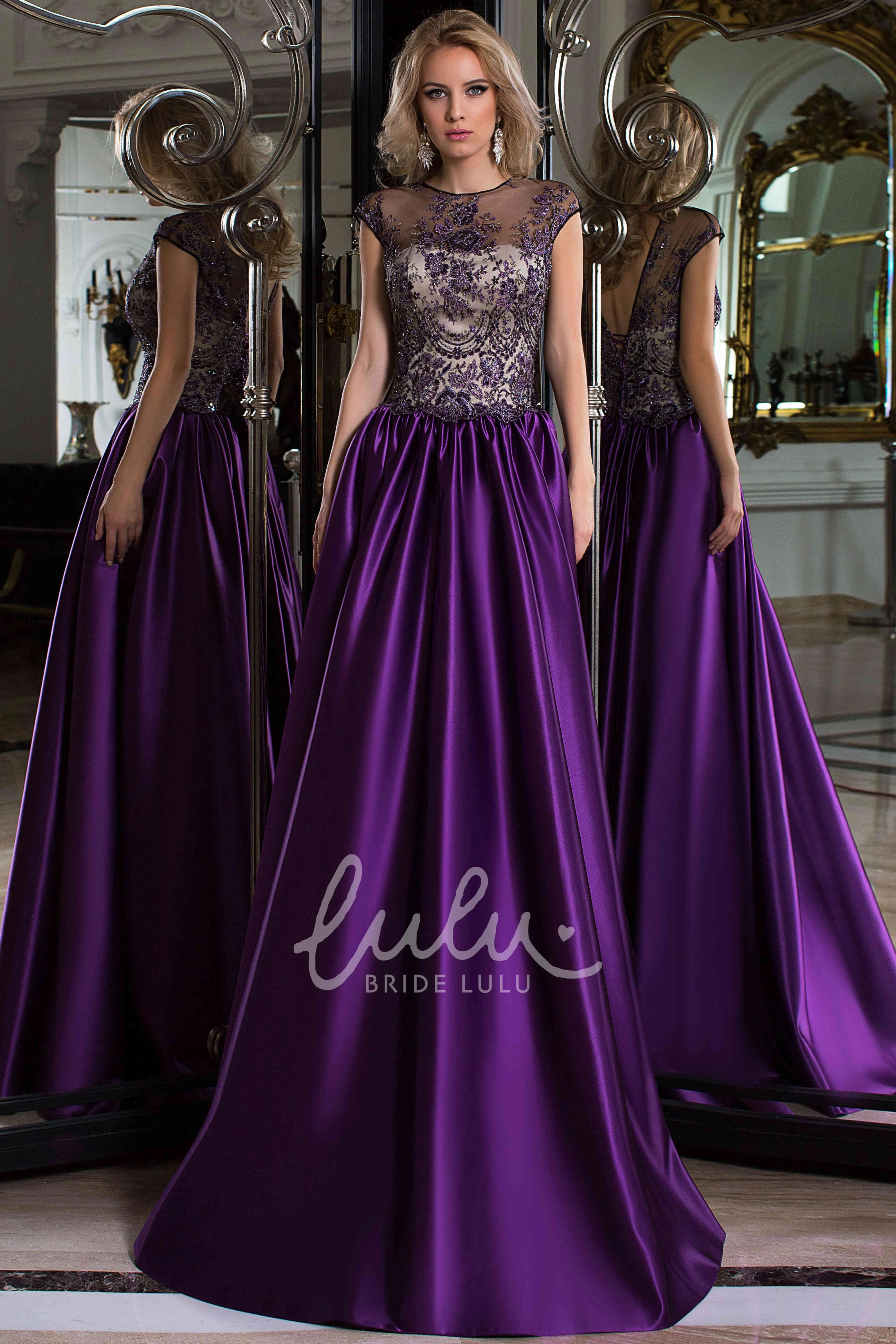 Satin A-Line Prom Dress with Cap Sleeves and Lace-Up Back