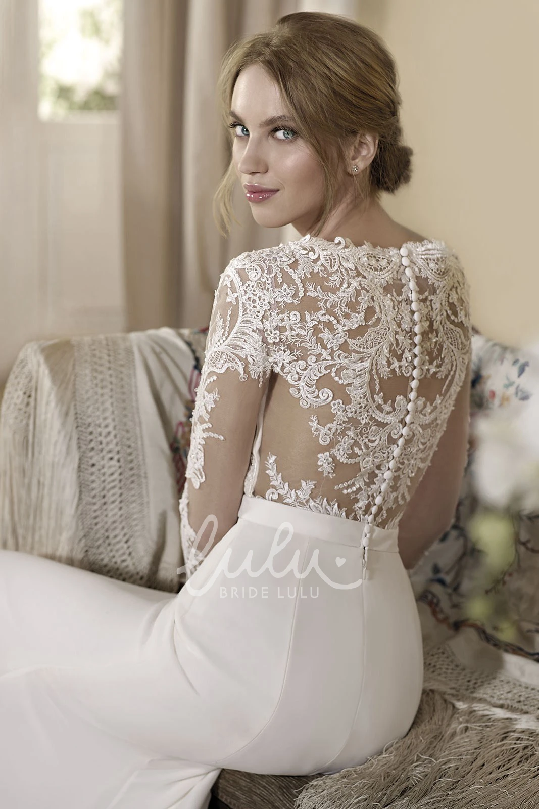 Floor-Length Sheath Jersey&Lace Long-Sleeve Wedding Dress Unique Bridal Gown