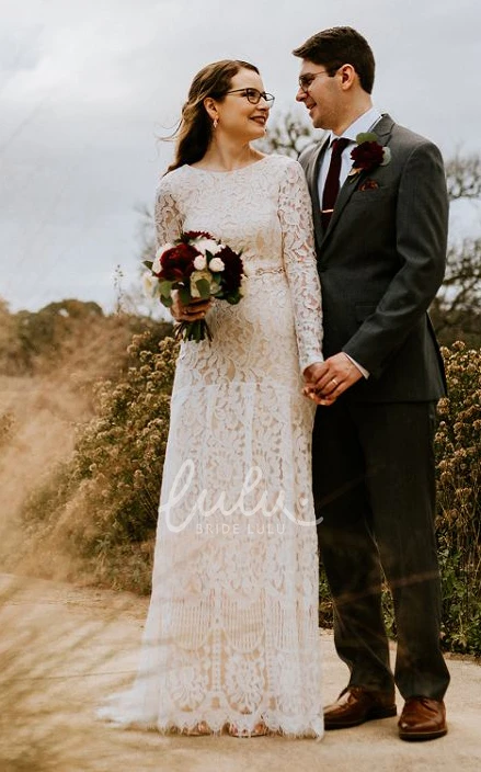 Sheath Lace Bateau Bridal Gown Adorable Long Sleeves With Illusion Back