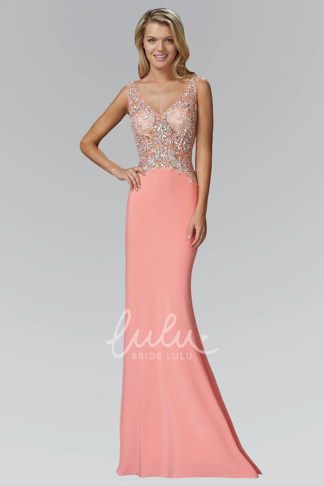 V-Neck Sleeveless Sheath Floor-Length Jersey Dress with Keyhole and Beading