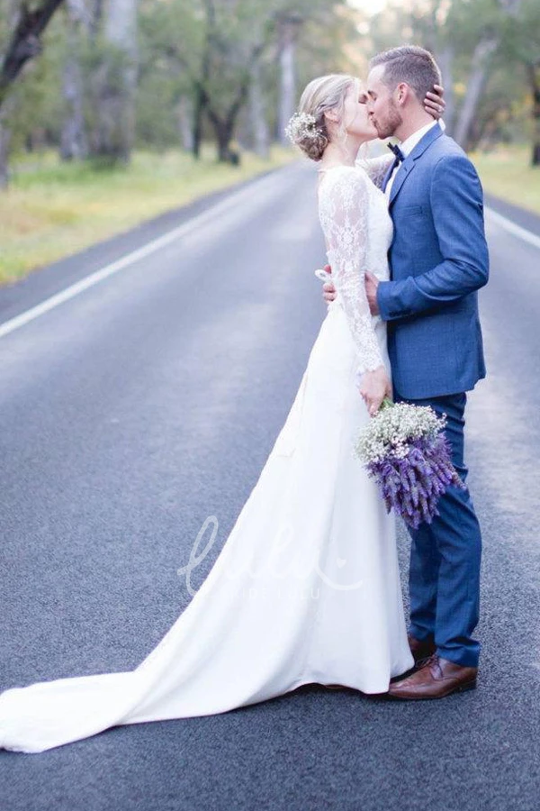 Illusion Chiffon Backless Dress with Sweep Train and Lace Sleeves