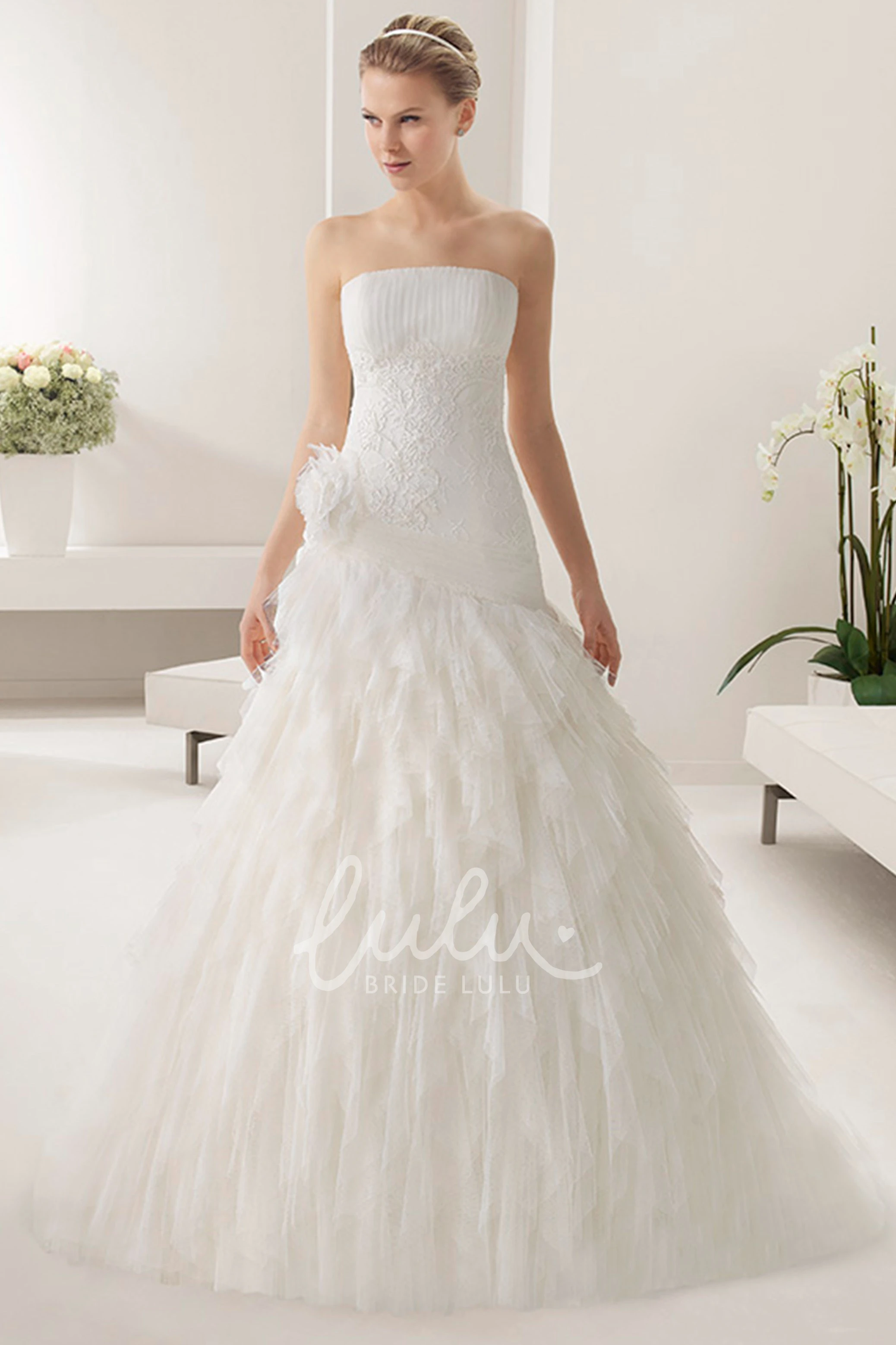 Embroidered Mermaid Tulle Dress with Tiered Skirt Strapless Wedding Gown