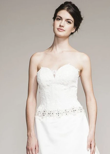 Sweetheart Satin A-Line Wedding Dress with Jeweled Lace and Long Train
