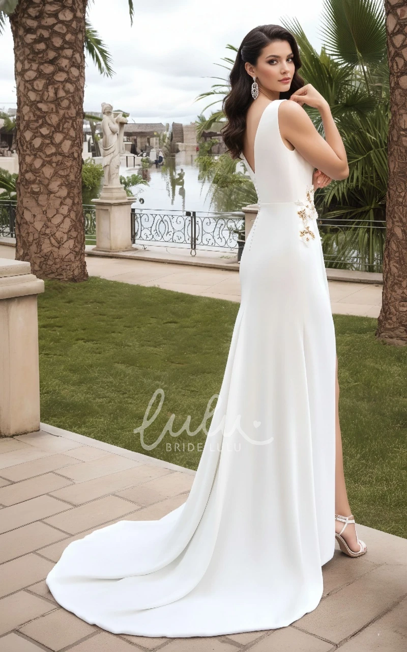 Elegant Sheath Satin Sleeveless Deep V Neck Spring Wedding Dress Romantic Jewel Neck Floral Front Slit Gown