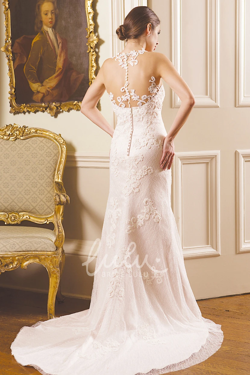 Lace Appliqued Sleeveless Sheath Wedding Dress with Illusion Back Elegant Bridal Gown