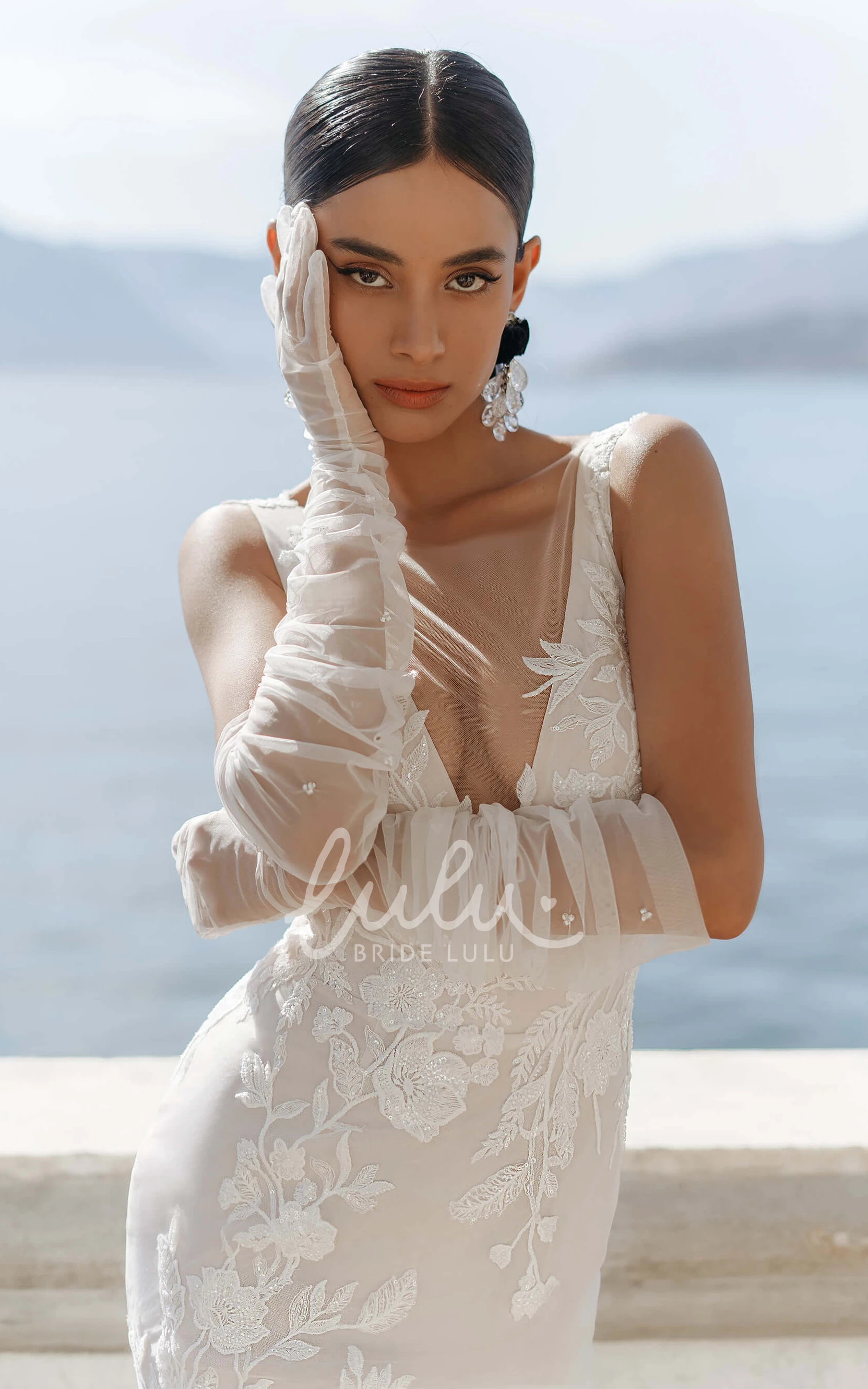 Mermaid Lace Bohemian Wedding Dress with Plunging Neckline and Button Back