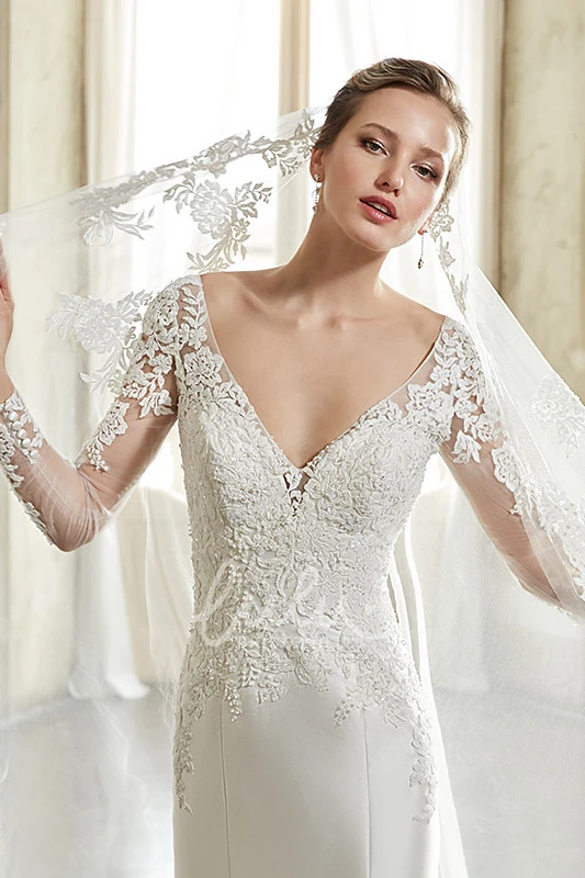 Princess Elegant Mermaid Boho Lace V-Neck Sleeved Wedding Dress Floral Modern Western Backless Sweep Train with Appliques