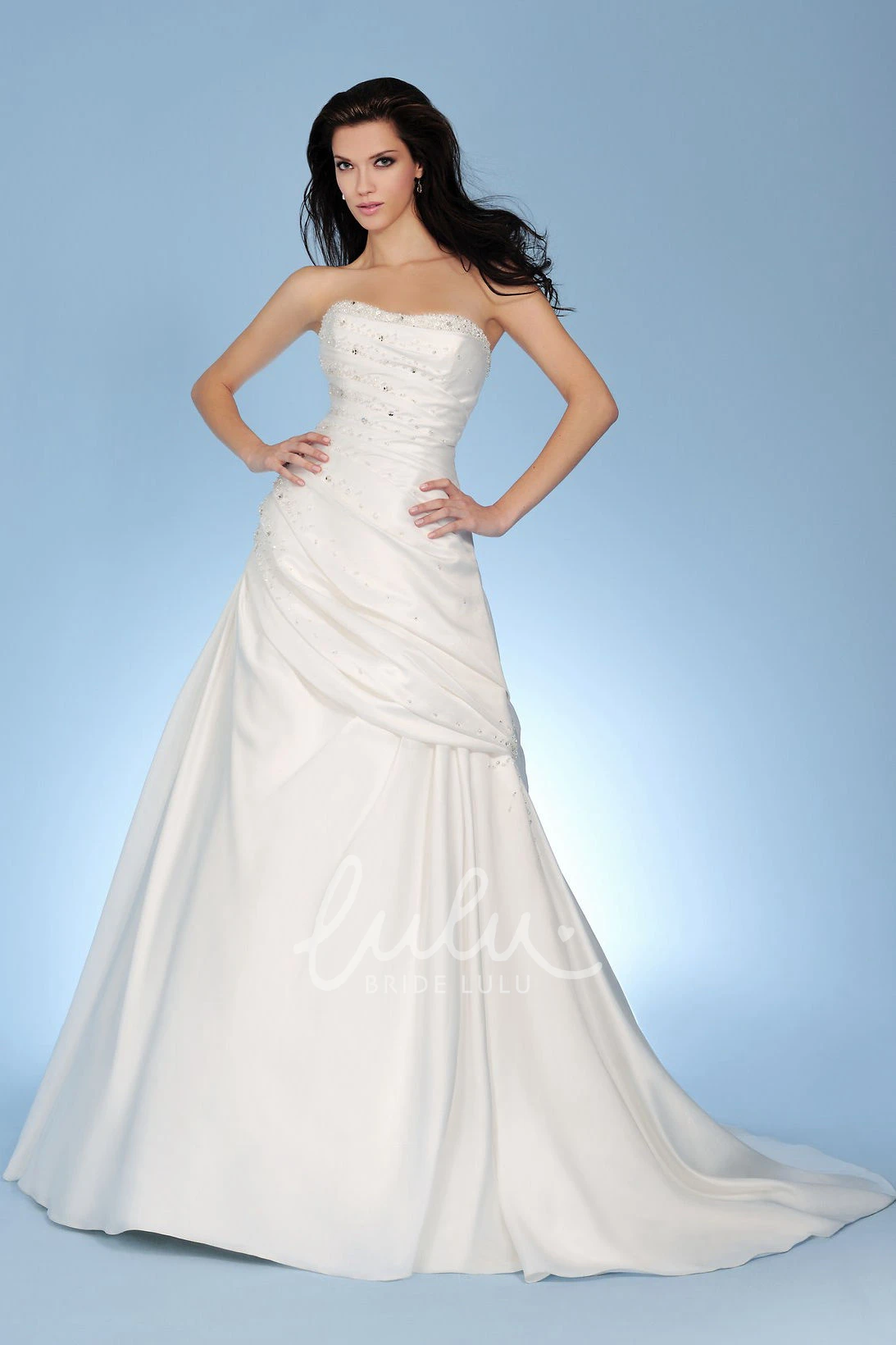 Ruched Taffeta Wedding Dress with Beading and Lace-Up A-Line Strapless