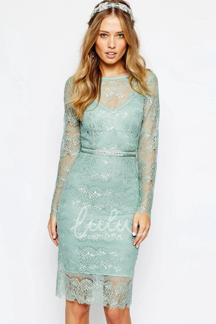 Beaded Lace Long Sleeve Bridesmaid Dress Knee-Length Scoop Neck