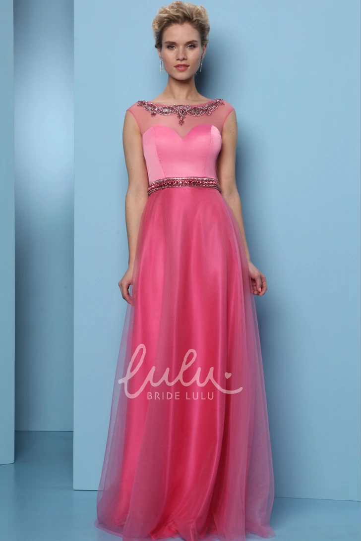 Long A-Line Prom Dress with Scoop-Neck Beaded Tulle & Satin and Waist Jewellery