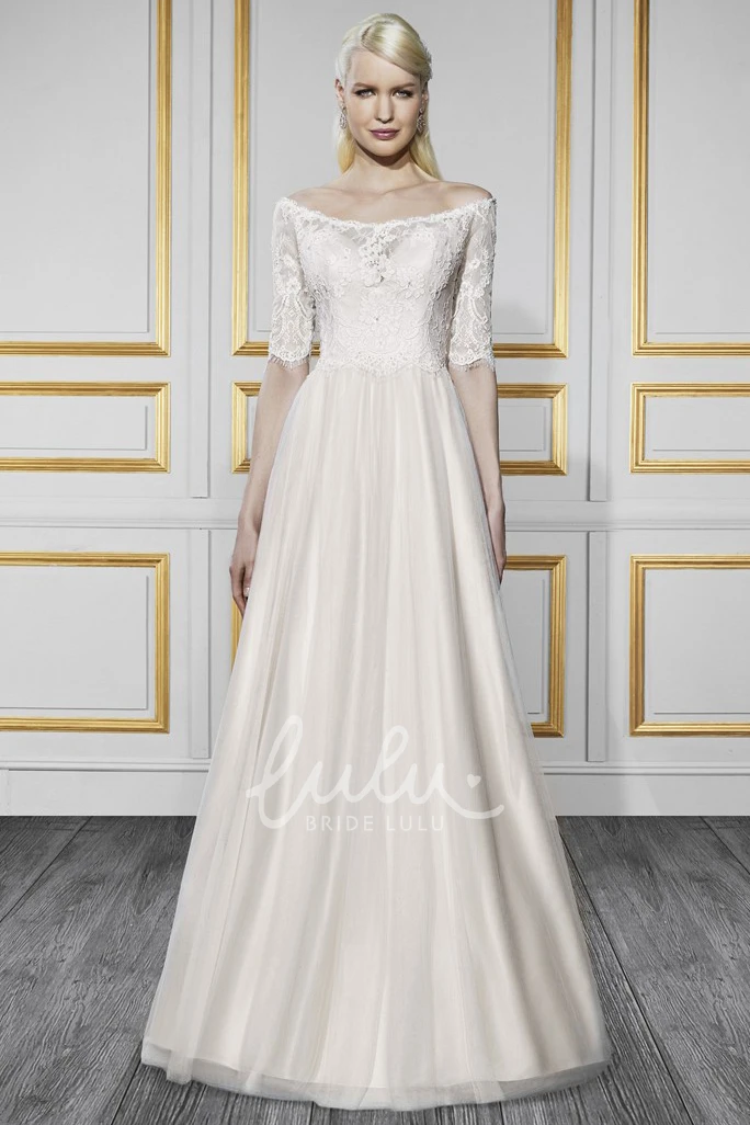 Off-The-Shoulder A-Line Tulle&Satin Wedding Dress with Half-Sleeves