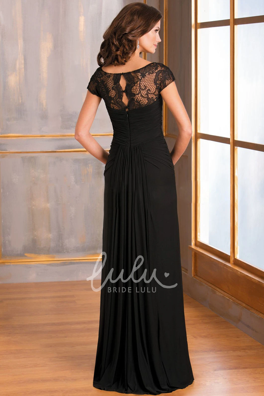 Ruched MOB Mother Of The Bride Dress with Illusion Lace Neckline Cap-Sleeved Long