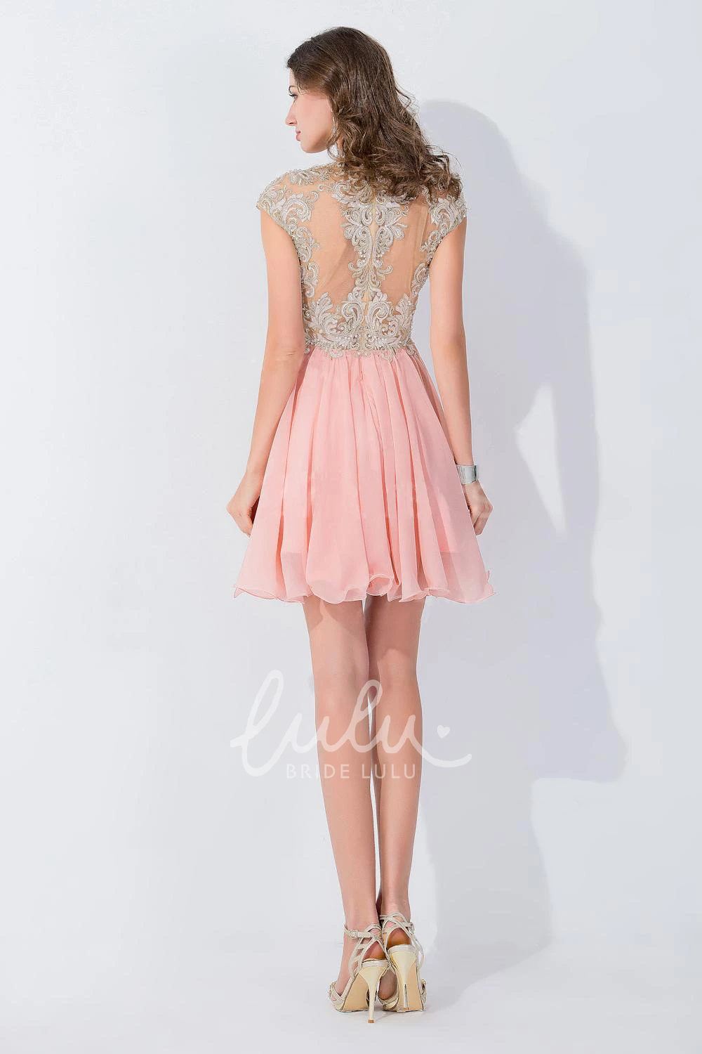 High Neck Cap Sleeve Chiffon Homecoming Dress with Appliques Modern & Elegant