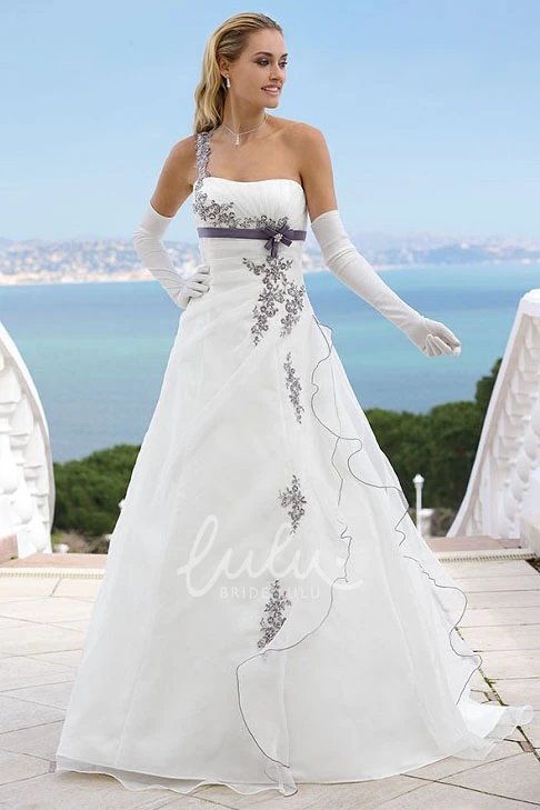 Satin One-Shoulder Wedding Dress with Appliques and Side Draping