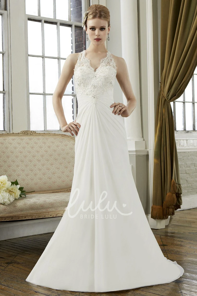 Chiffon Sleeveless V-Neck Sheath Wedding Dress With Illusion Back Flowy Bridal Gown