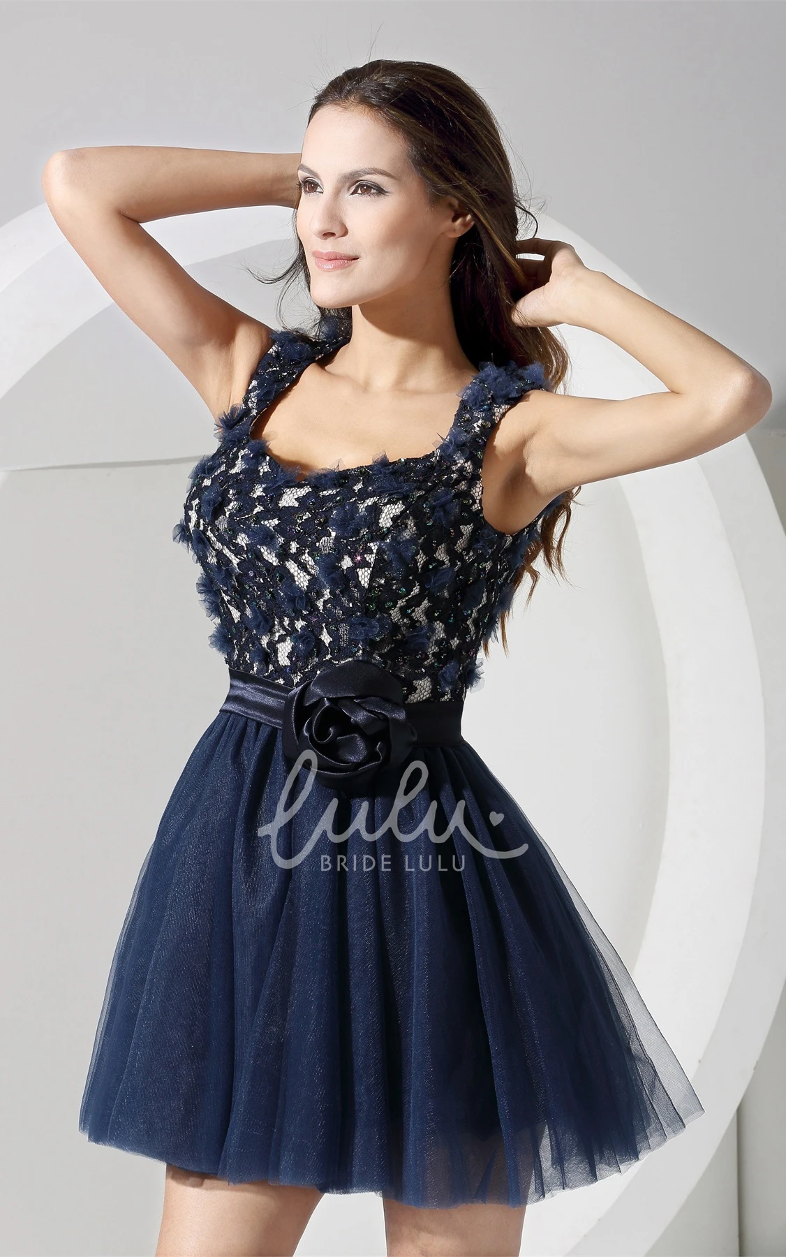 Unique Floral Short Boho Lace Appliques Navy Blue Homecoming Dress Gorgeous Cute Straps Sleeveless Open Back Mini Prom Dress