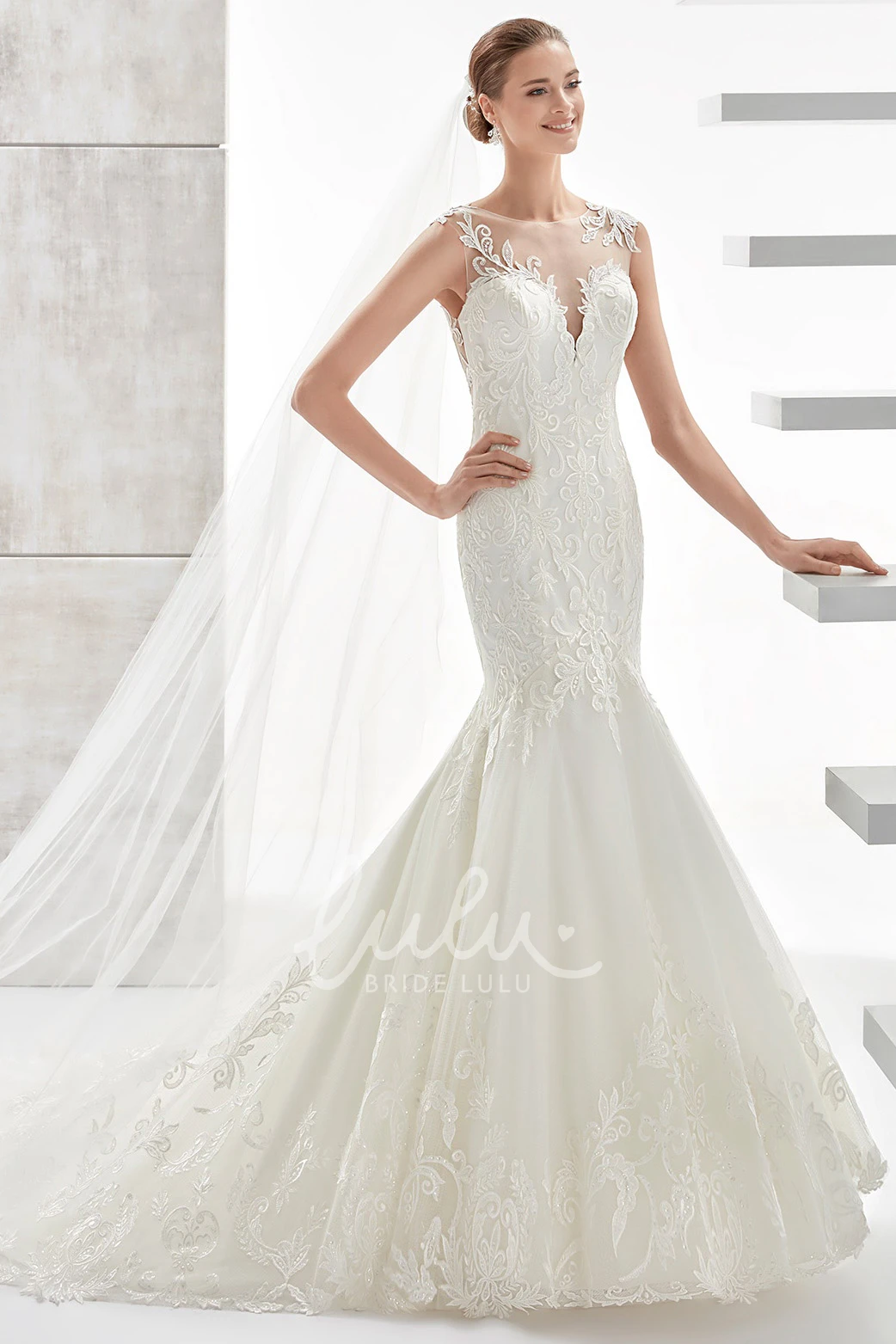 Lace Mermaid Wedding Dress with Jewel Neckline and Brush Train Elegant Bridal Gown