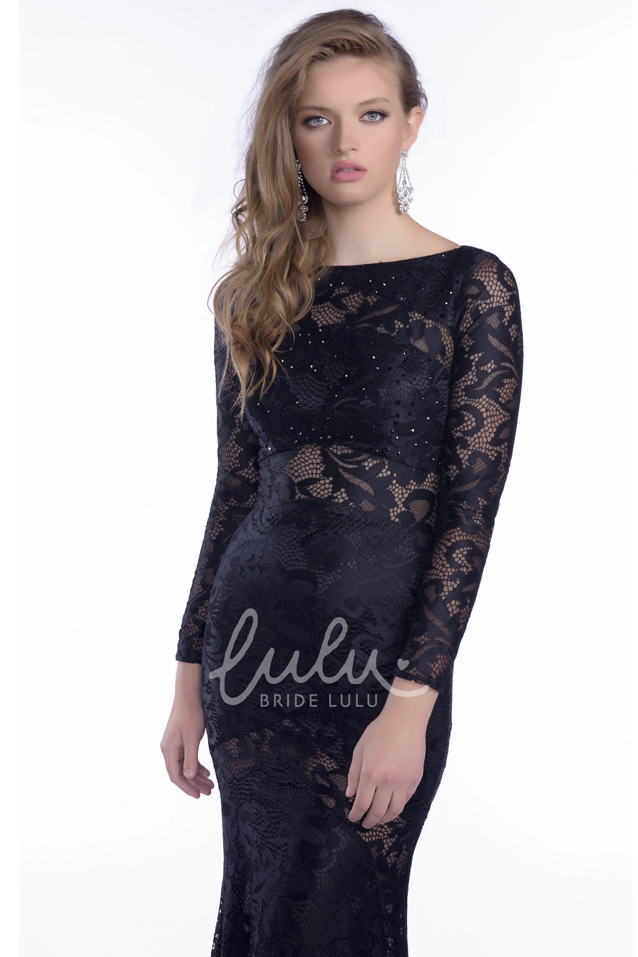 Rhinestone Trumpet Lace Prom Dress with Long Sleeves