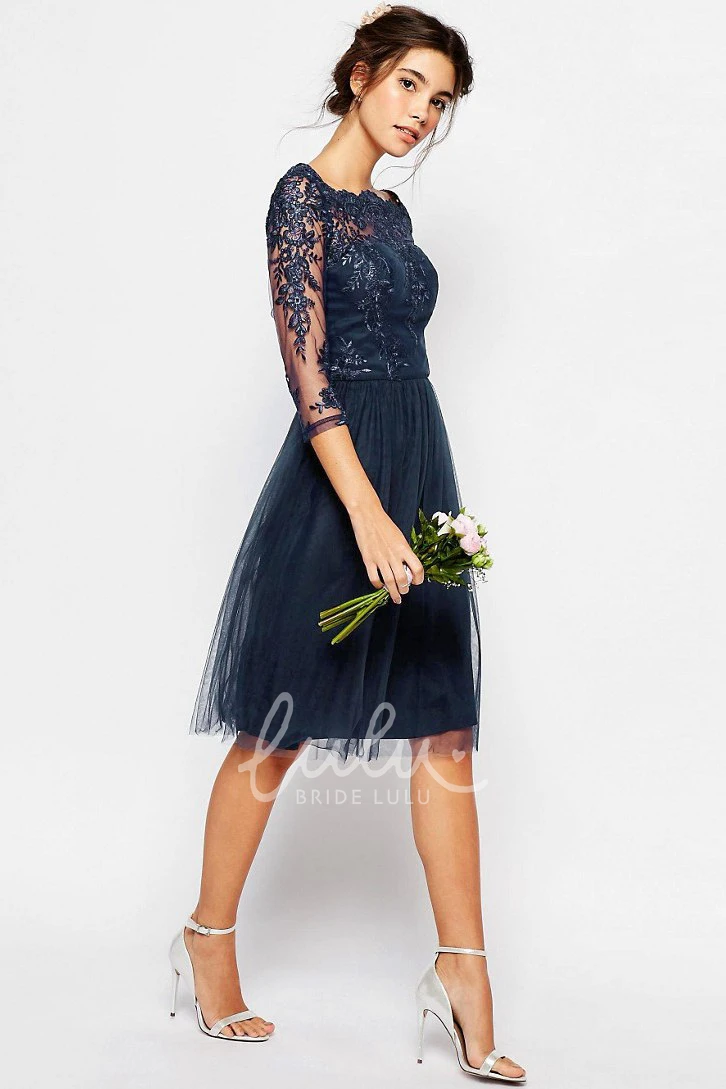 Knee-Length Tulle Bridesmaid Dress with 3-4-Sleeves and Bateau-Neck Illusion