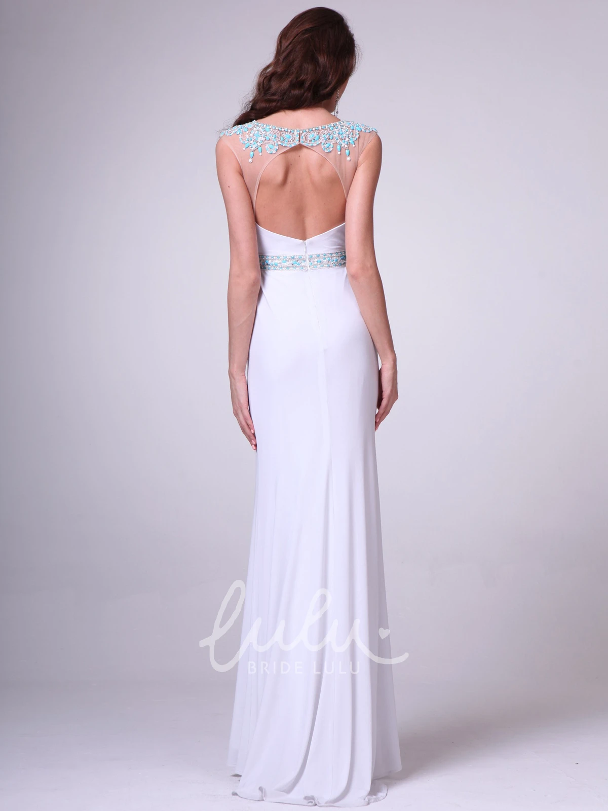 Beaded Sheath Jersey Cap-Sleeve Formal Dress with Keyhole Neckline