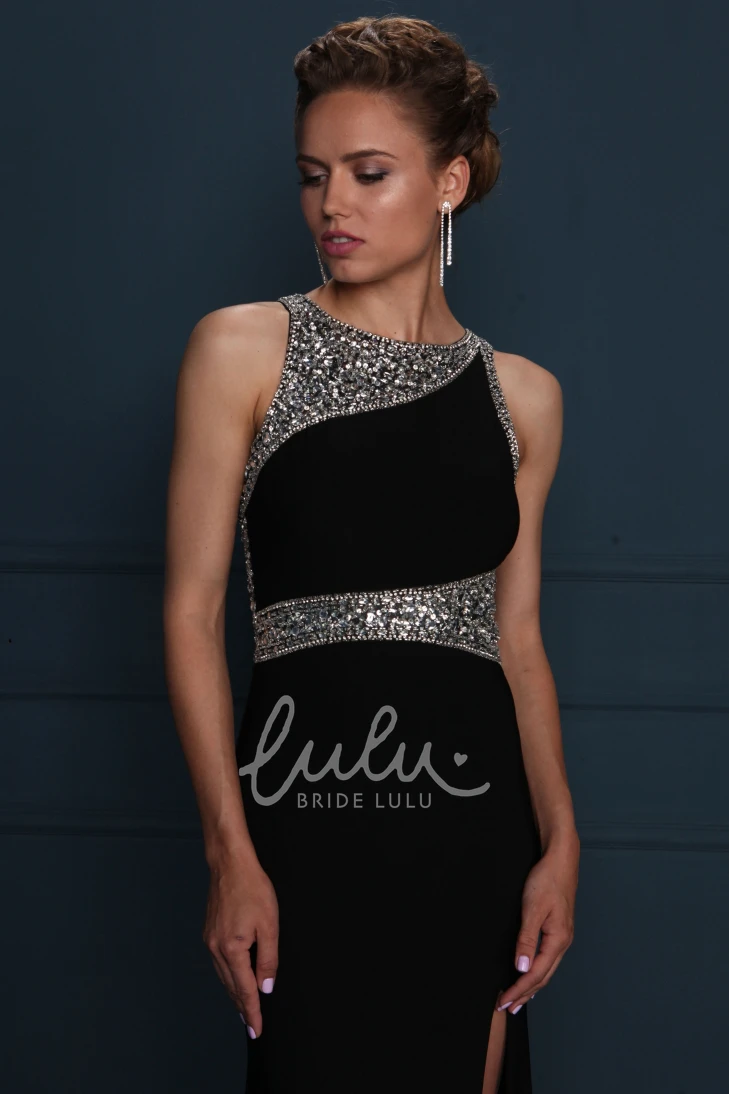 Scoop-Neck Beaded Jersey Evening Dress with Split Front in Sheath Style and Sleeveless