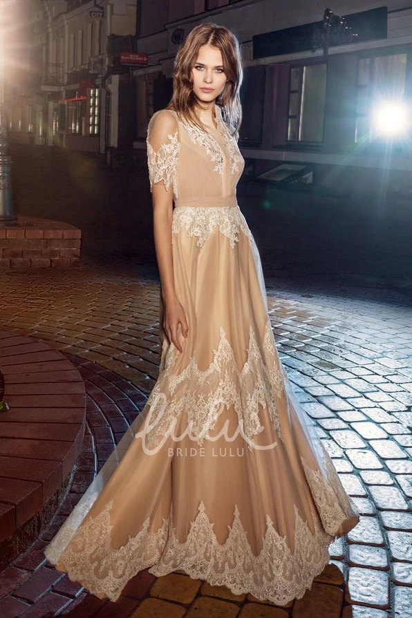 Lace Short Sleeve A-Line Dress with Illusion and Appliques