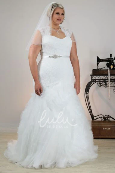 Plus Size Trumpet Wedding Dress with Jeweled Queen Anne Neckline and Appliques