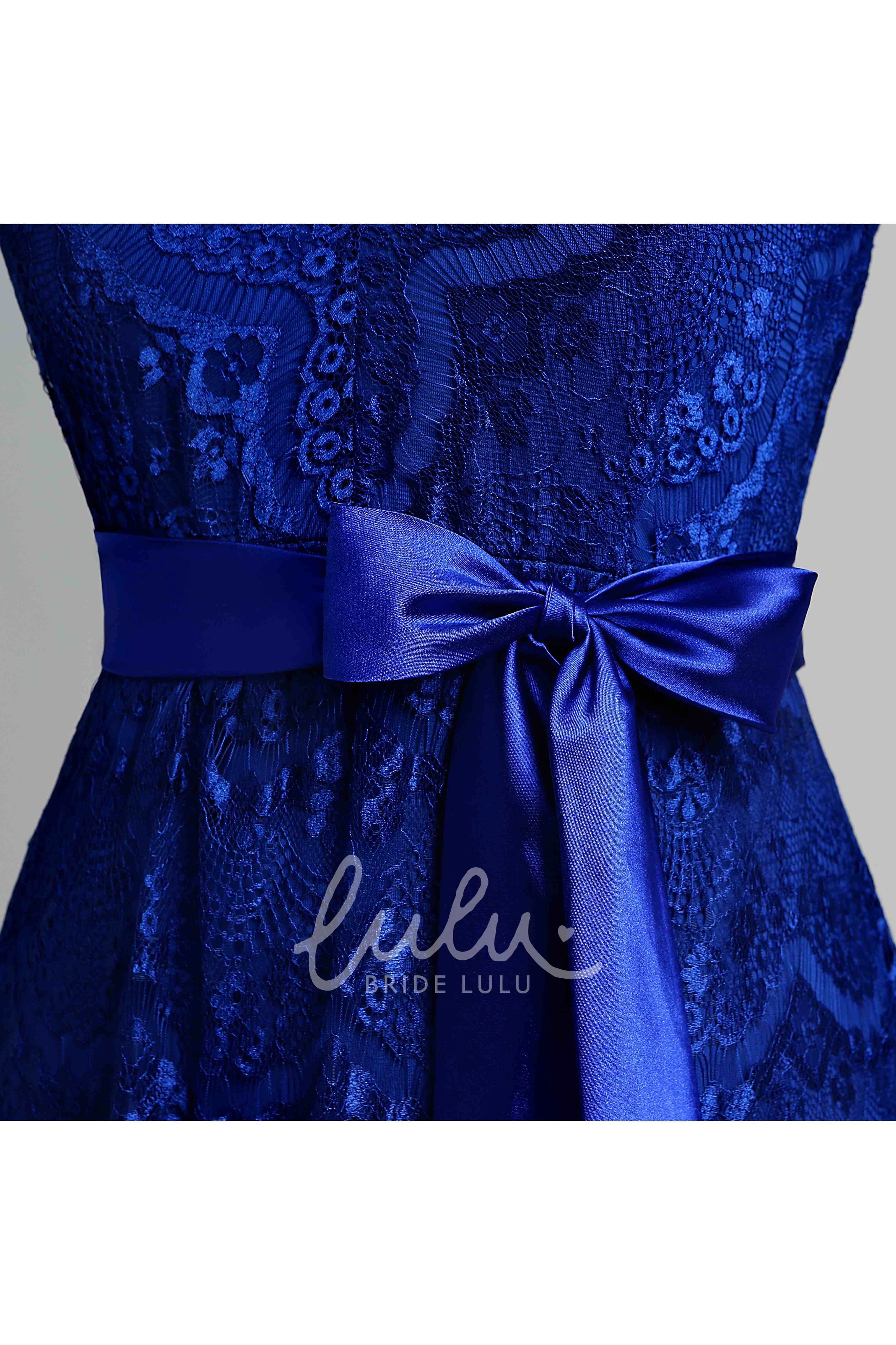 Cap Sleeve V-neck Lace Bridesmaid Dress with Ribbon