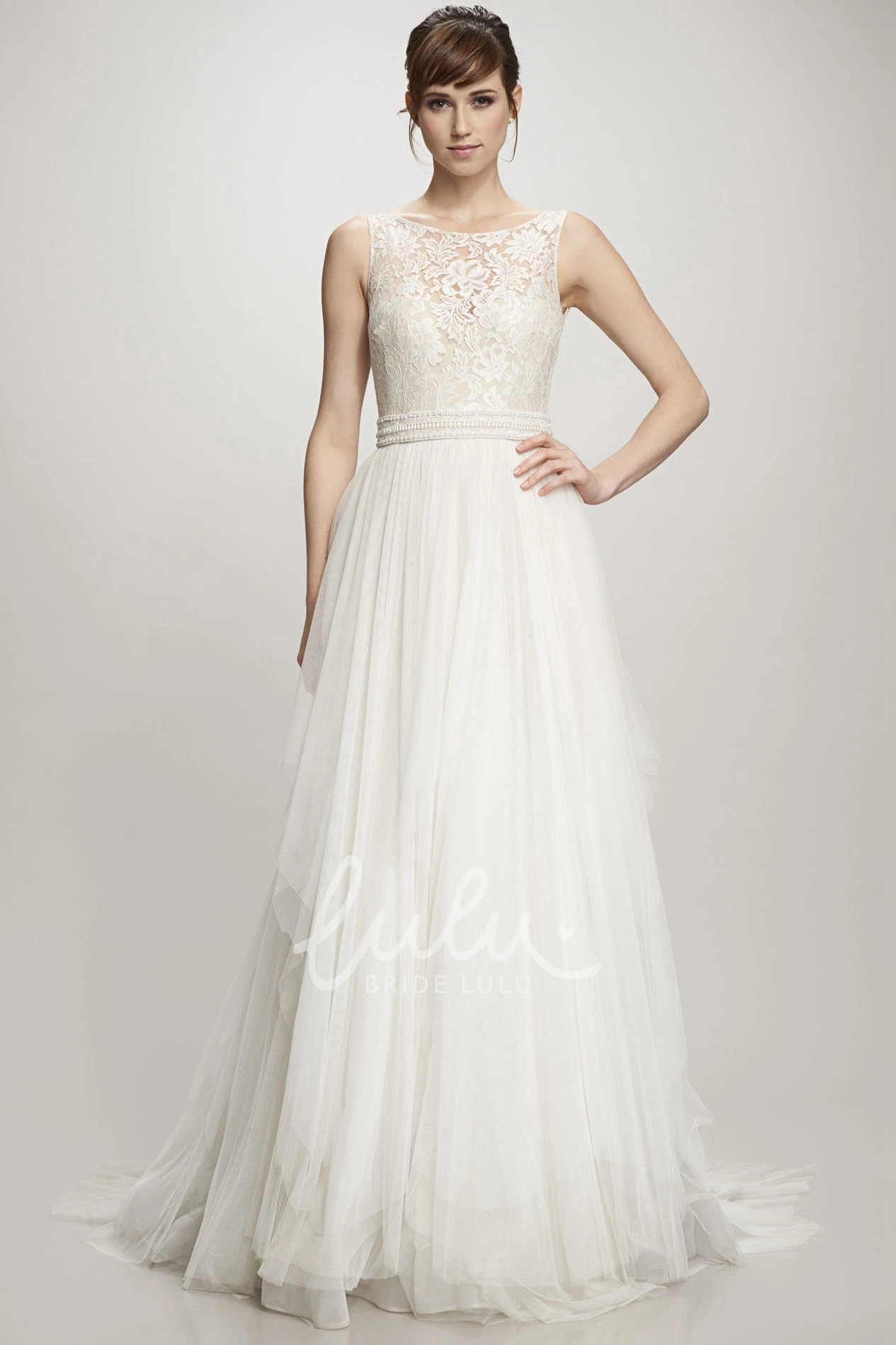 Appliqued Tulle&Lace A-Line Wedding Dress with Deep-V Back Unique Bridal Gown