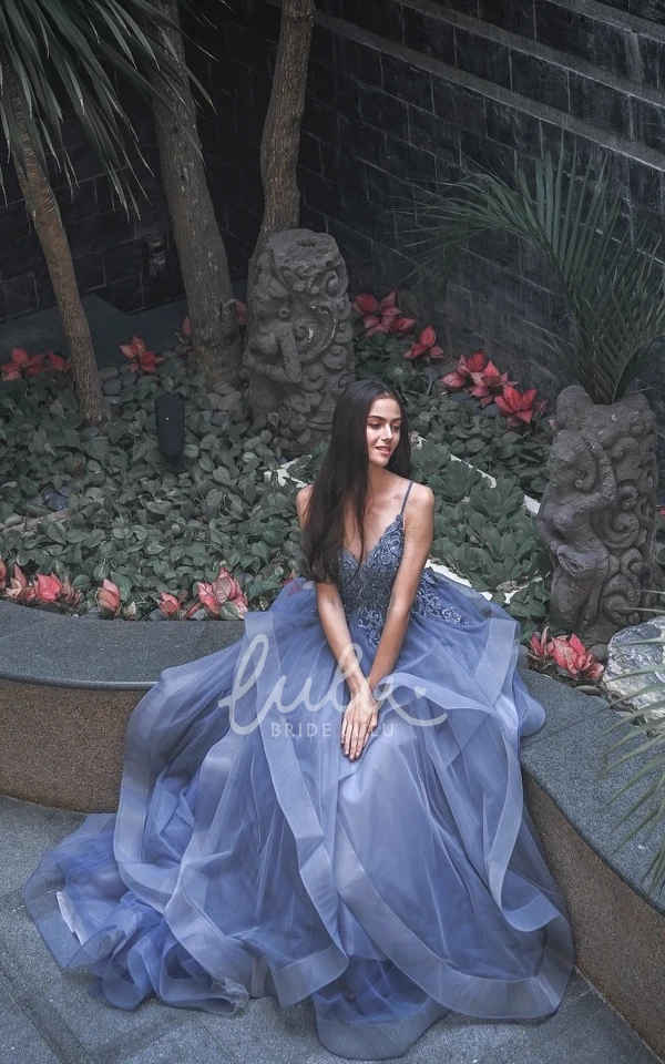 Spaghetti V-neck Tulle A-Line Sleeveless Evening Dress Elegant Wedding Dress