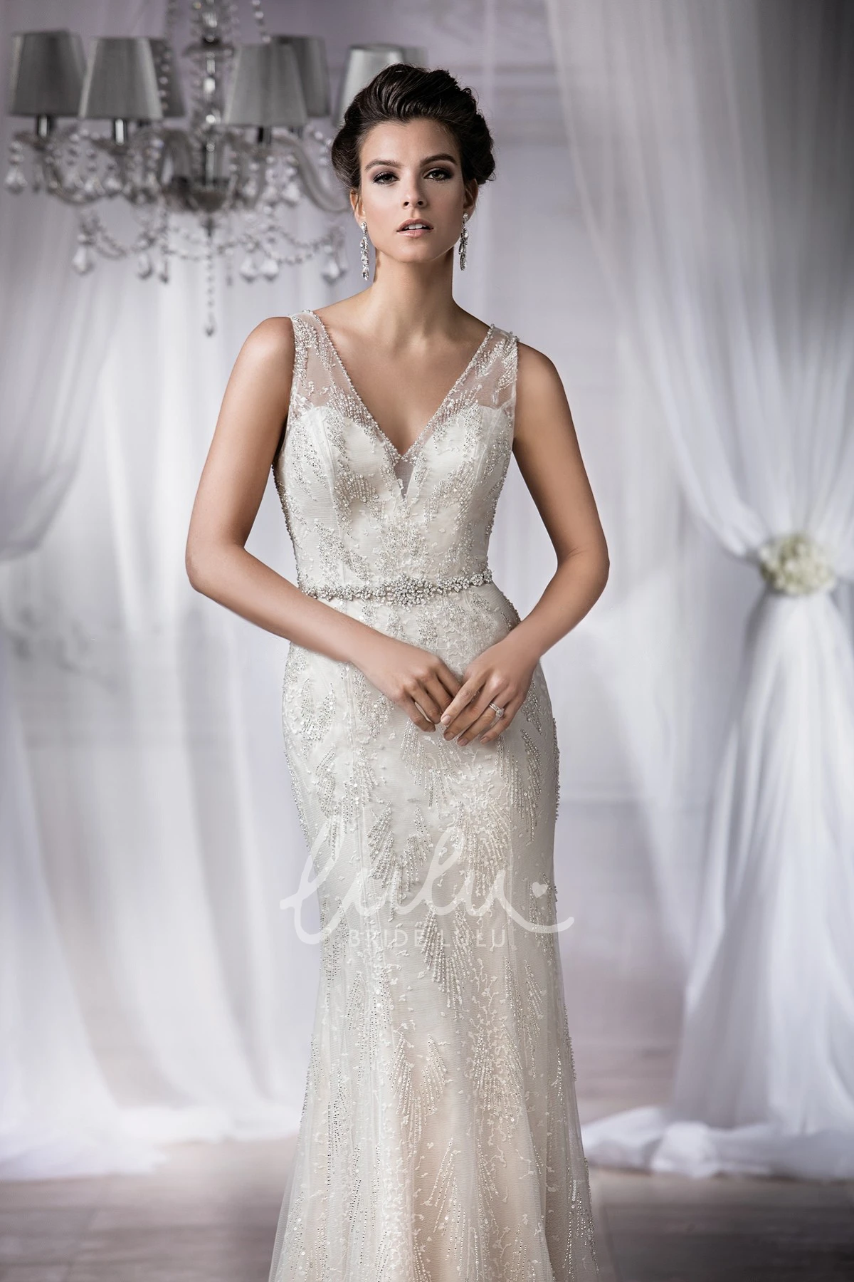 Deep V-Back Beaded Sleeveless Mermaid Wedding Dress