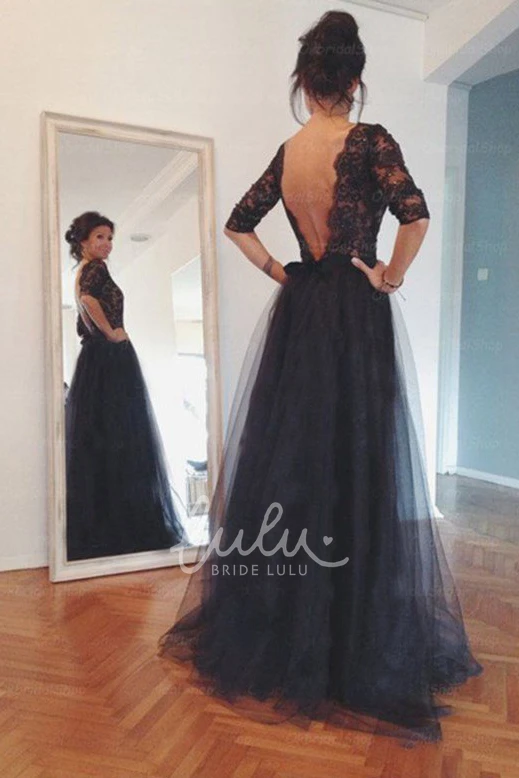 Tulle A-Line Dress with Illusion Long Sleeves Floor-length